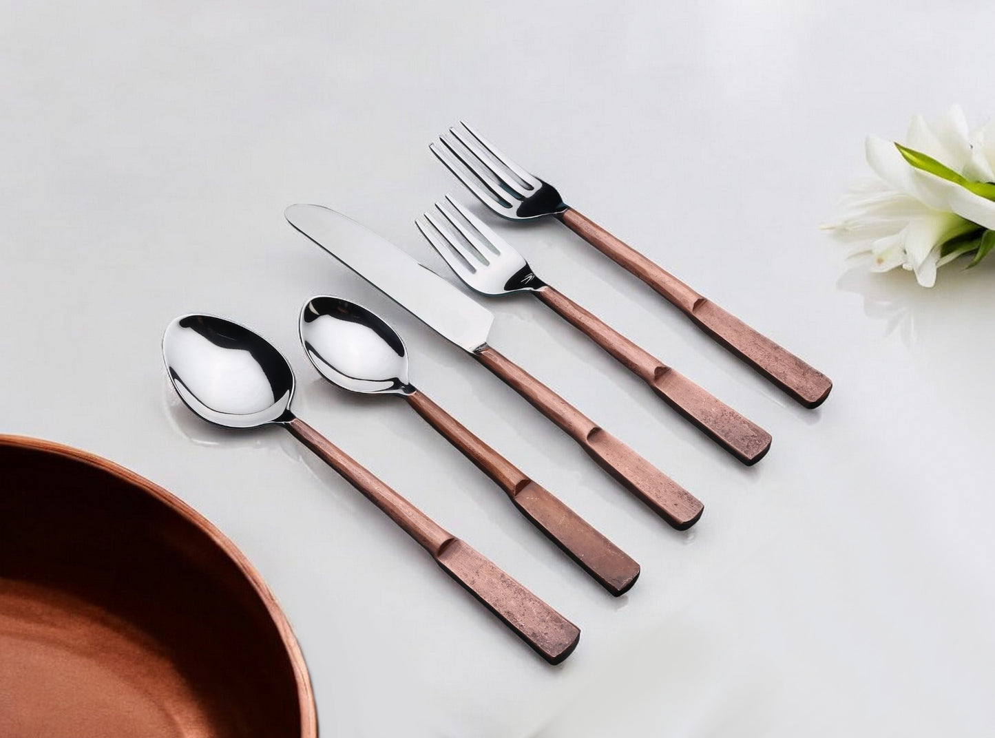 Matte Copper Stainless Steel Twenty Piece Hand Forged Flatware Set