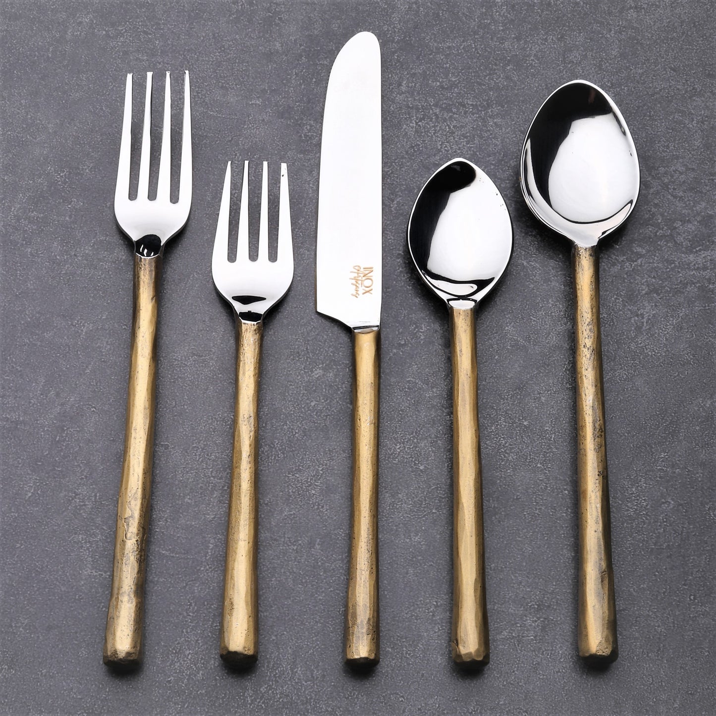 Matte Gold Stainless Steel Twenty Piece Hand Forged Flatware Set