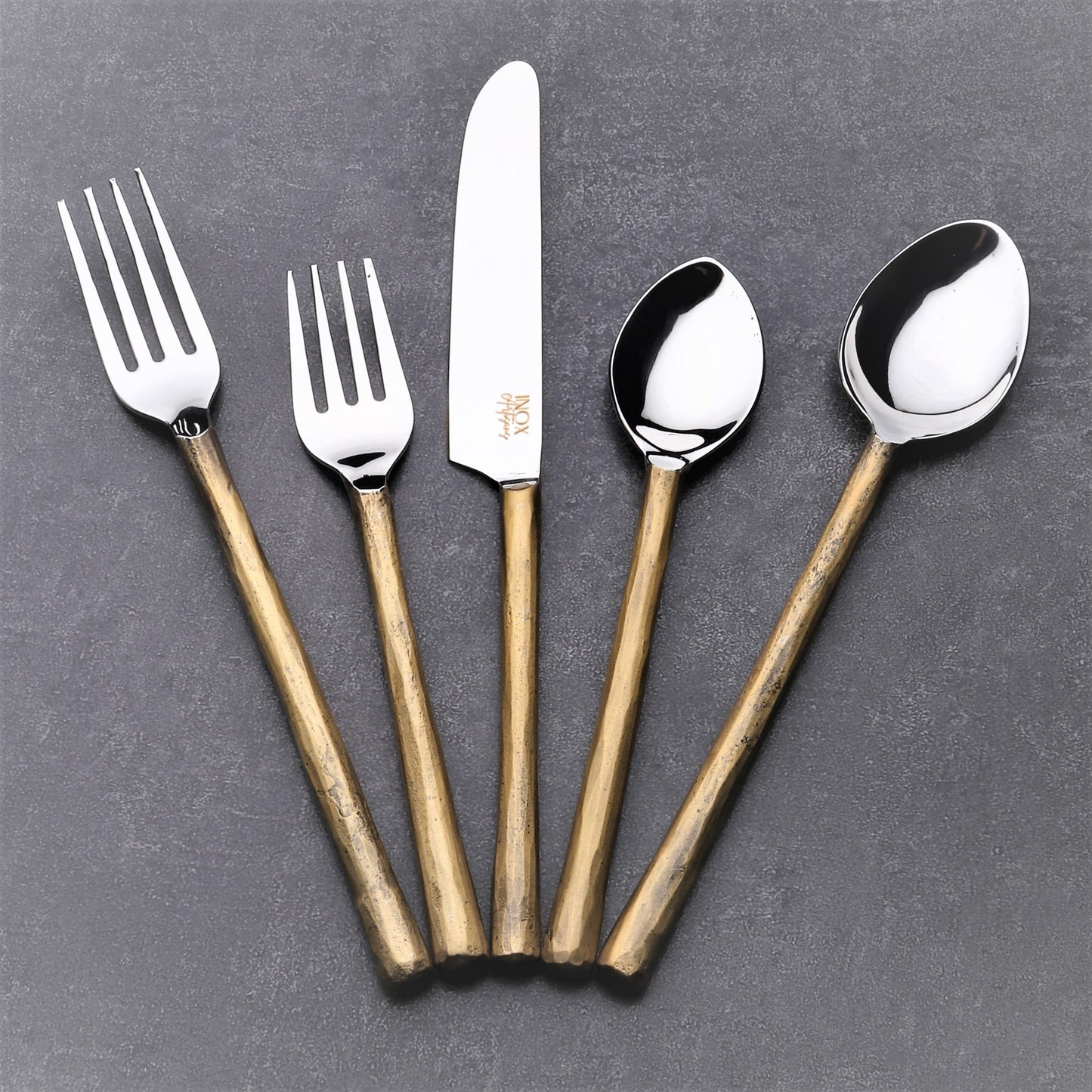 Matte Gold Stainless Steel Five Piece Hand Forged Flatware Set