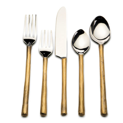 Matte Gold Stainless Steel Five Piece Hand Forged Flatware Set