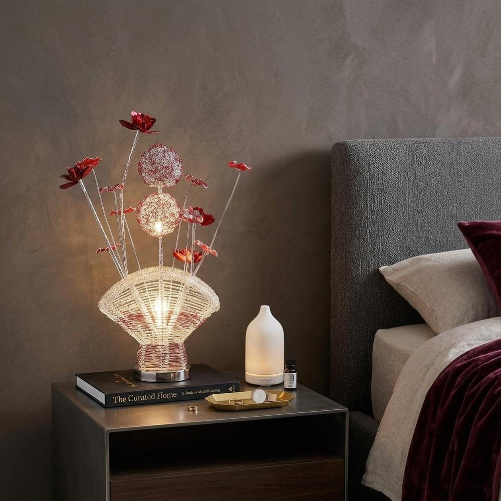 22" Silver and Clear Metal and Acrylic Red Rose Bedside Lamp