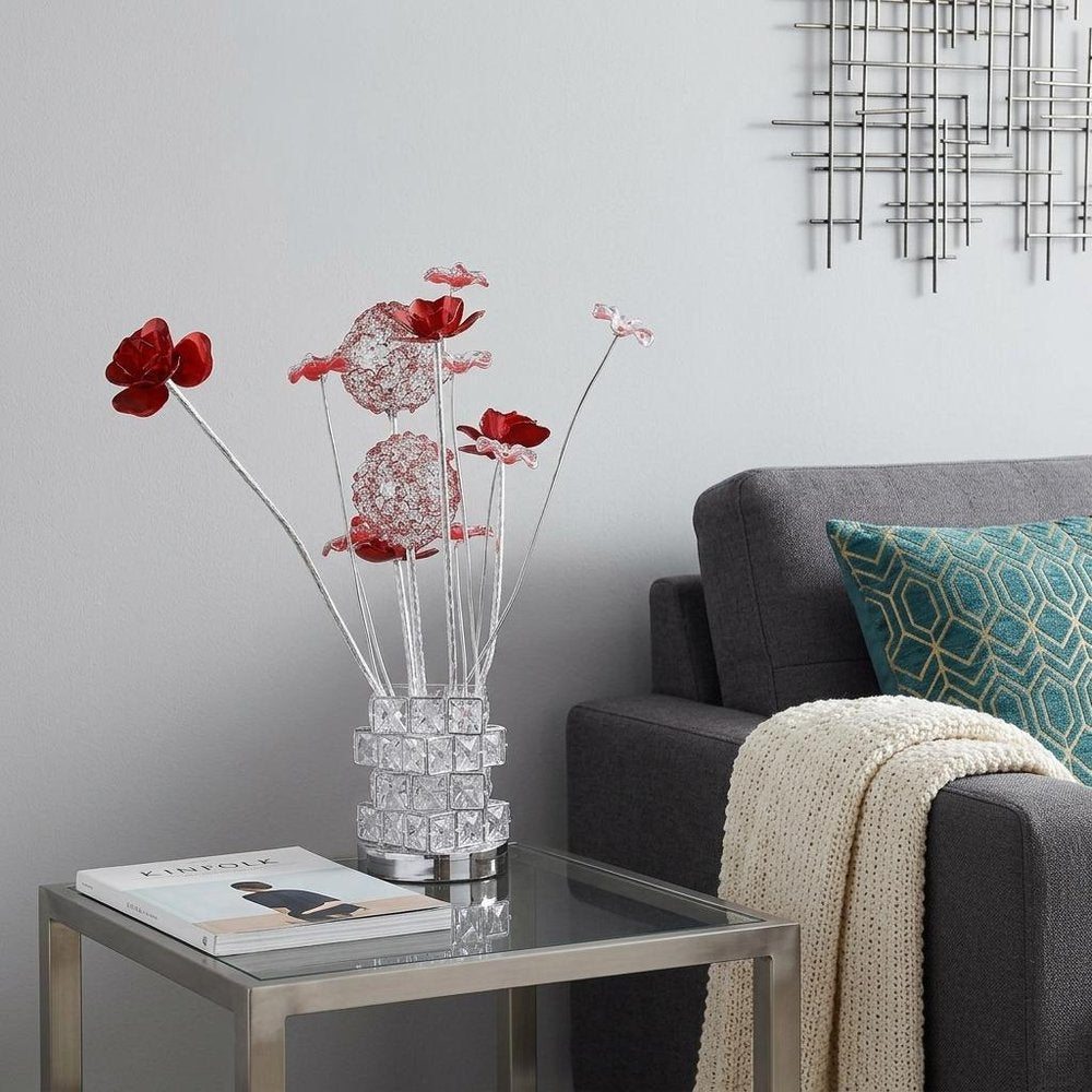21" Silver and Clear Metal and Faux Crystal Geometric And Roses Bedside Lamp