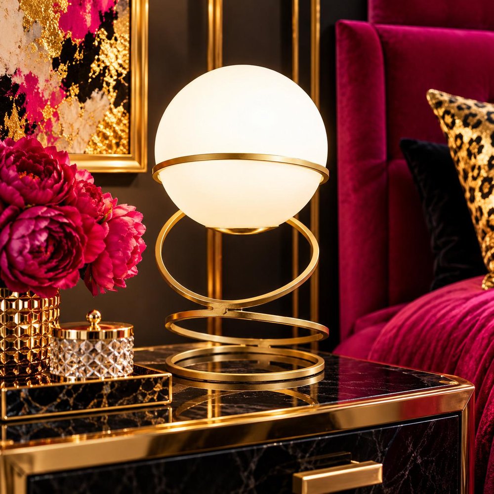 14" Gold Metal Geo Spiral Bedside Lamp With White Globe Shade