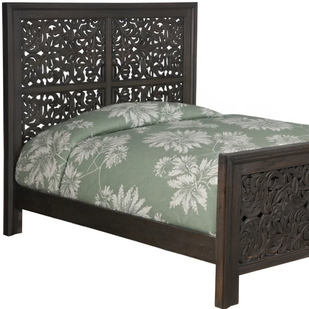 Gray Carved Scrollwork Distressed Solid Wood Queen Bed Frame