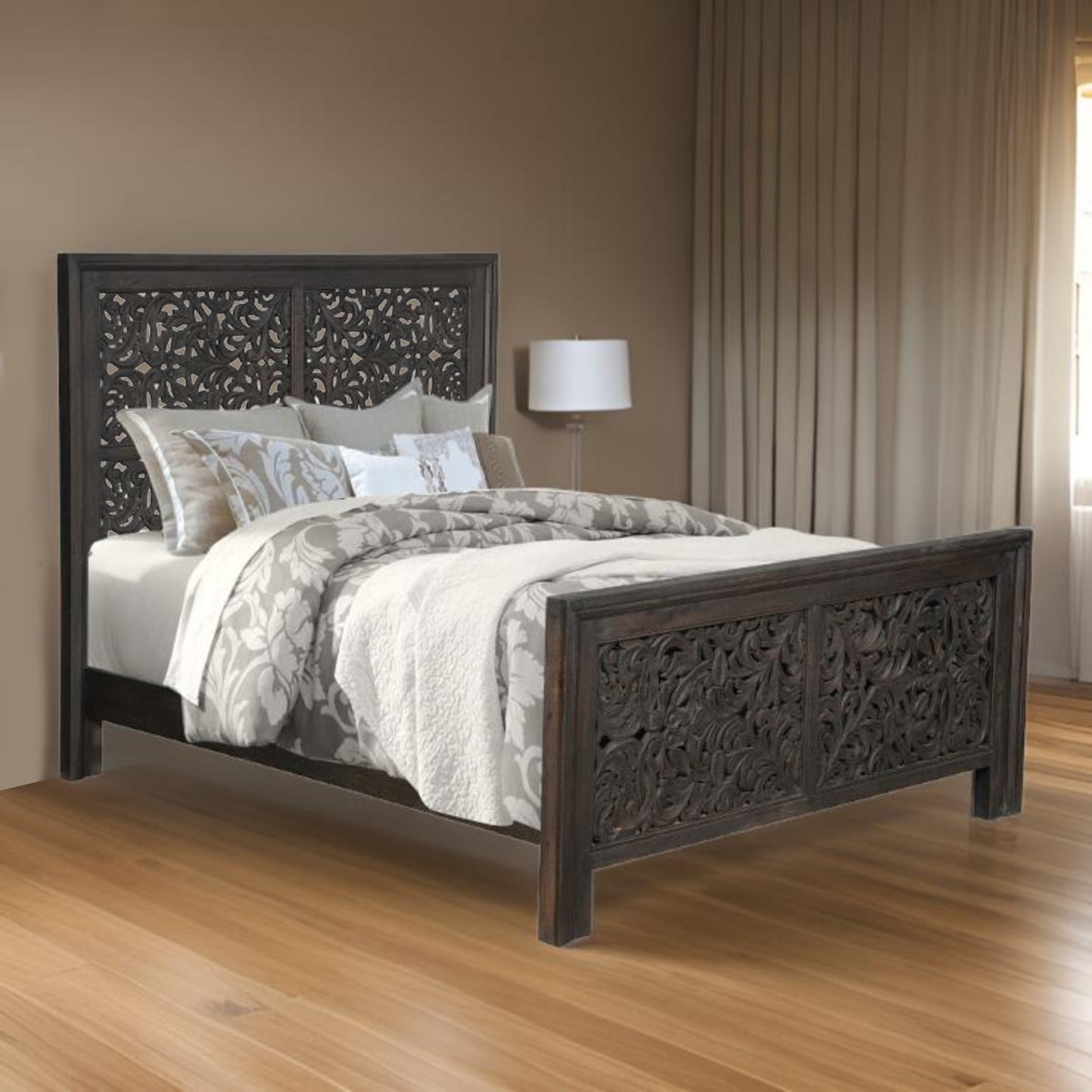 Gray Carved Scrollwork Distressed Solid Wood Queen Bed Frame