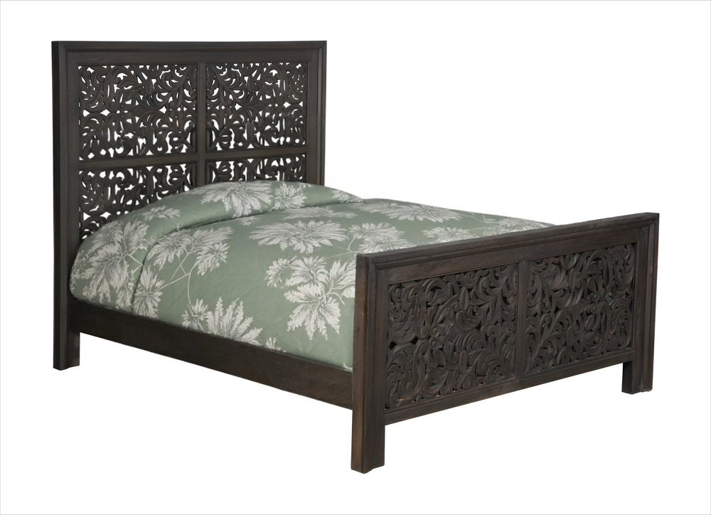 Gray Carved Scrollwork Distressed Solid Wood Queen Bed Frame