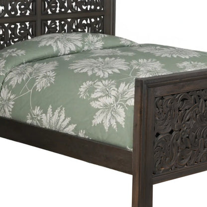 Gray Carved Scrollwork Distressed Solid Wood Queen Bed Frame