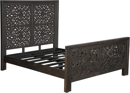 Gray Carved Scrollwork Distressed Solid Wood Queen Bed Frame