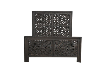 Gray Carved Scrollwork Distressed Solid Wood Queen Bed Frame