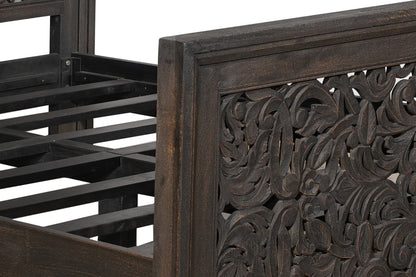 Gray Carved Scrollwork Distressed Solid Wood Queen Bed Frame