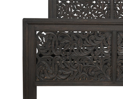 Gray Carved Scrollwork Distressed Solid Wood Queen Bed Frame