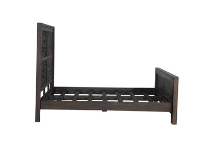 Gray Carved Scrollwork Distressed Solid Wood Queen Bed Frame