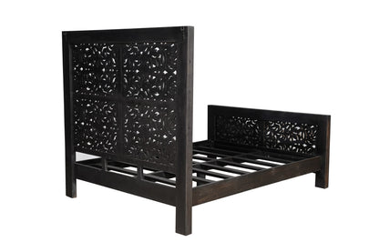 Gray Carved Scrollwork Distressed Solid Wood Queen Bed Frame