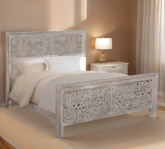 Black Carved Scrollwork Distressed Solid Wood King Bed Frame