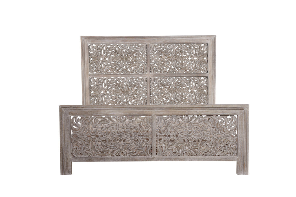 Black Carved Scrollwork Distressed Solid Wood King Bed Frame