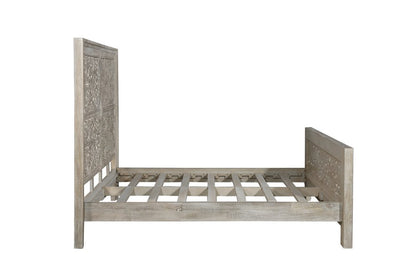 Gray Carved Scrollwork Distressed Solid Wood King Bed Frame