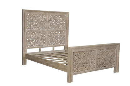 Gray Carved Scrollwork Distressed Solid Wood Queen Bed Frame