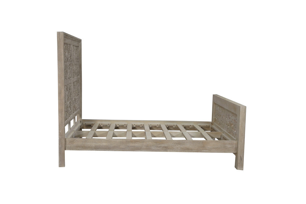 Gray Carved Scrollwork Distressed Solid Wood Queen Bed Frame