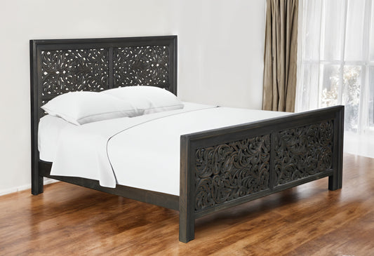 Black Carved Scrollwork Distressed Solid Wood King Bed Frame