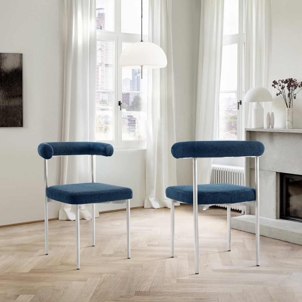 Set of Two Blue And Silver Upholstered Polyester Open Back Dining Side Chairs