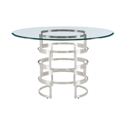 48" Clear And Silver Glass And Stainless Steel Pedestal Base Round Top Dining Table