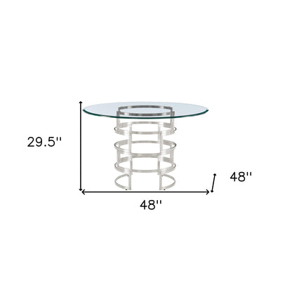 48" Clear And Silver Glass And Stainless Steel Pedestal Base Round Top Dining Table