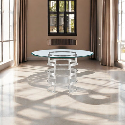 48" Clear And Silver Glass And Stainless Steel Pedestal Base Round Top Dining Table