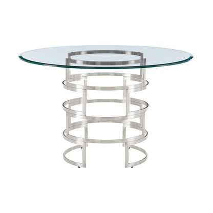 48" Clear And Silver Glass And Stainless Steel Pedestal Base Round Top Dining Table