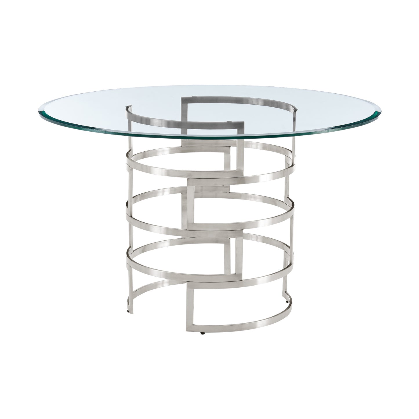 48" Clear And Silver Glass And Stainless Steel Pedestal Base Round Top Dining Table