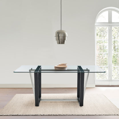 72" Clear And Black Glass And Iron Sled Base Dining Table