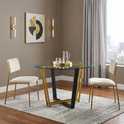 48" Clear And Gold Glass And Iron Sled Base Round Top Dining Table
