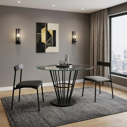 48" Clear And Black Glass And Iron Pedestal Base Round Top Dining Table