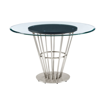 48" Clear And Silver Glass And Stainless Steel Pedestal Base Round Top Dining Table