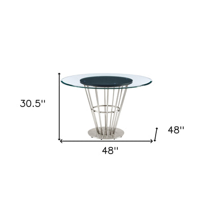 48" Clear And Silver Glass And Stainless Steel Pedestal Base Round Top Dining Table