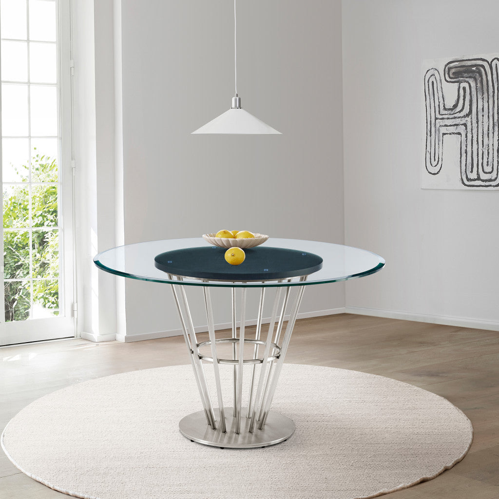 48" Clear And Silver Glass And Stainless Steel Pedestal Base Round Top Dining Table