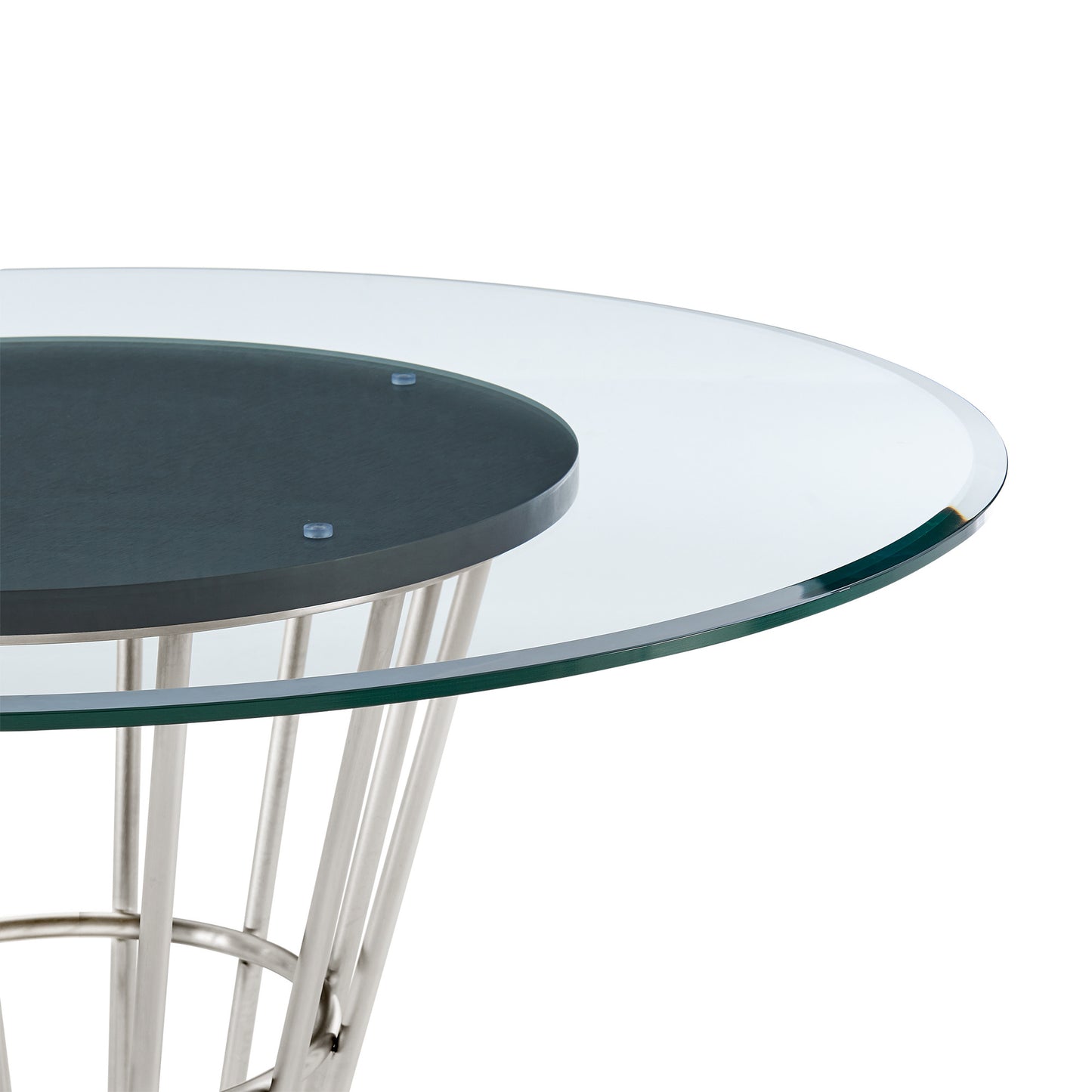 48" Clear And Silver Glass And Stainless Steel Pedestal Base Round Top Dining Table