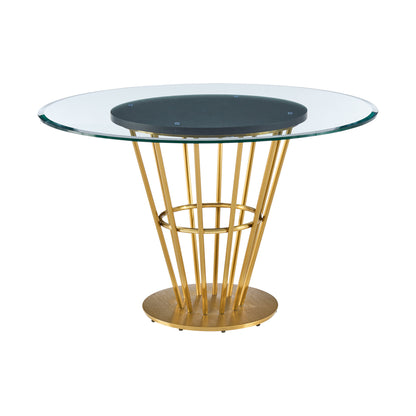 48" Clear And Gold Glass And Stainless Steel Pedestal Base Round Top Dining Table