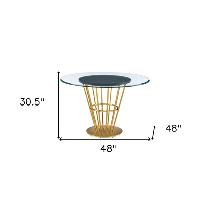 48" Clear And Gold Glass And Stainless Steel Pedestal Base Round Top Dining Table