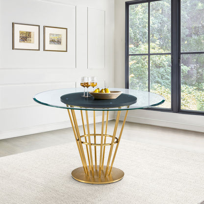 48" Clear And Gold Glass And Stainless Steel Pedestal Base Round Top Dining Table