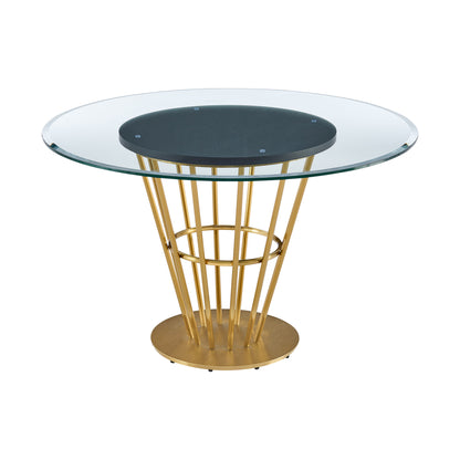 48" Clear And Gold Glass And Stainless Steel Pedestal Base Round Top Dining Table