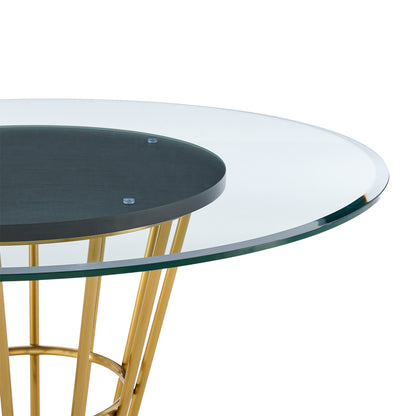 48" Clear And Gold Glass And Stainless Steel Pedestal Base Round Top Dining Table