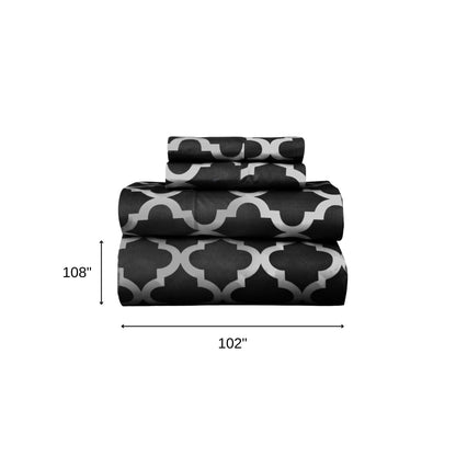 Four Piece Black and White Quatrefoil Microfiber California King Sheet Set