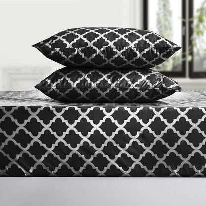 Four Piece Black and White Quatrefoil Microfiber California King Sheet Set