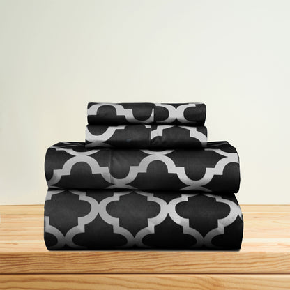 Four Piece Black and White Quatrefoil Microfiber California King Sheet Set