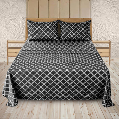 Four Piece Black and White Quatrefoil Microfiber California King Sheet Set