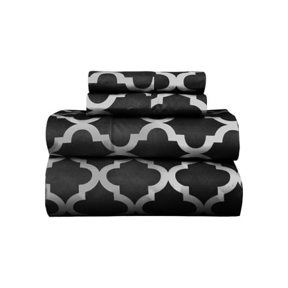 Four Piece Black and White Quatrefoil Microfiber California King Sheet Set