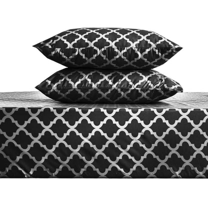 Four Piece Black and White Quatrefoil Microfiber California King Sheet Set