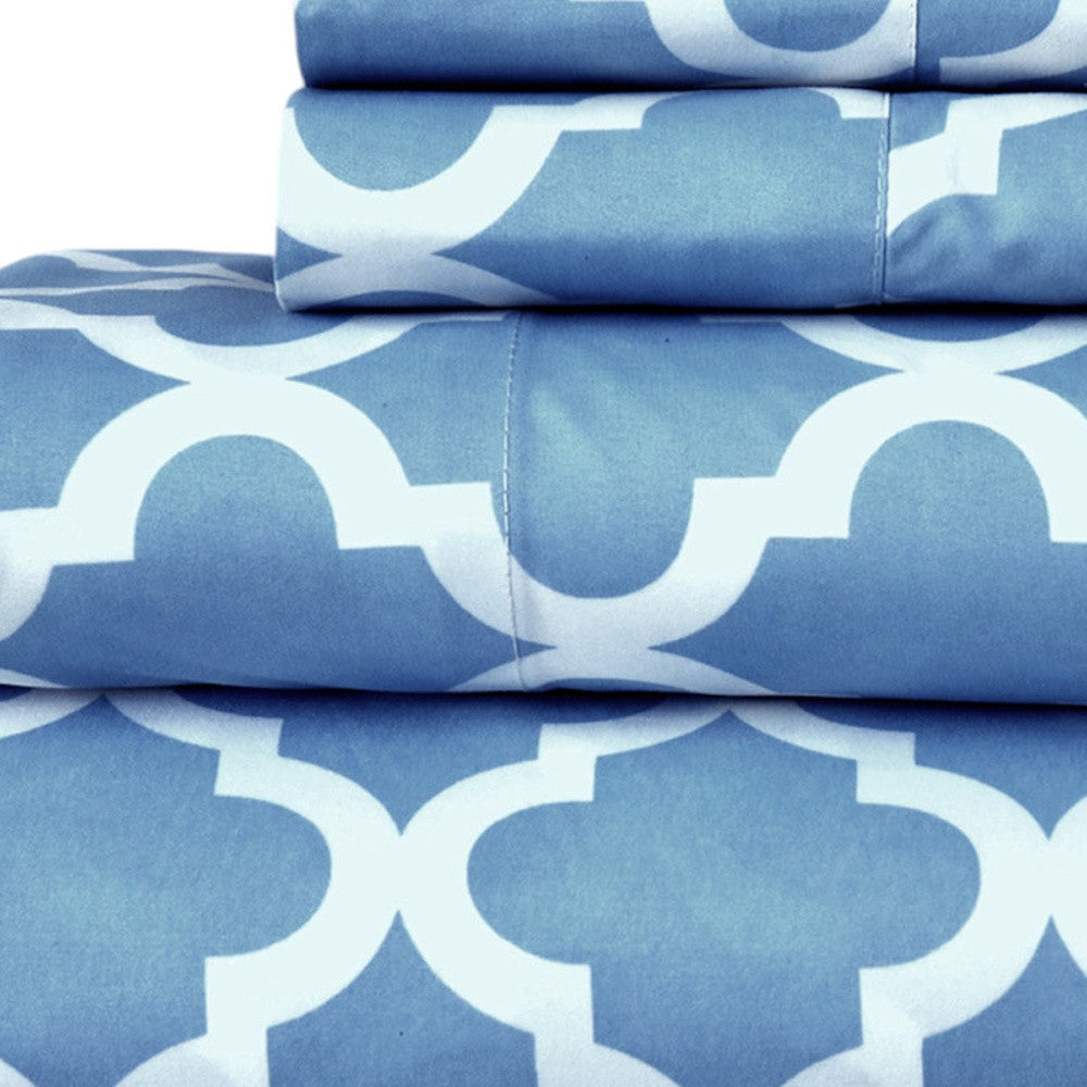 Four Piece Blue and White Quatrefoil Microfiber California King Sheet Set