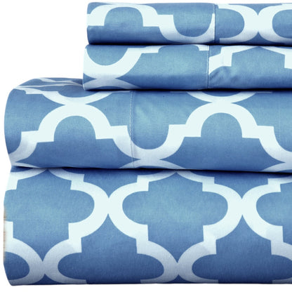 Four Piece Blue and White Quatrefoil Microfiber California King Sheet Set