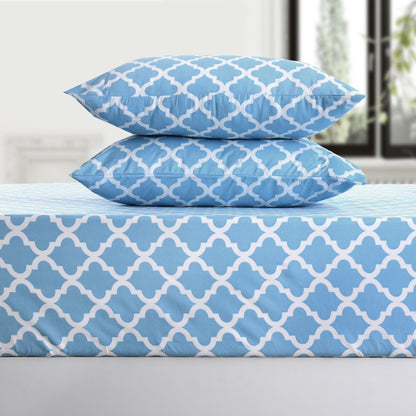 Four Piece Blue and White Quatrefoil Microfiber California King Sheet Set